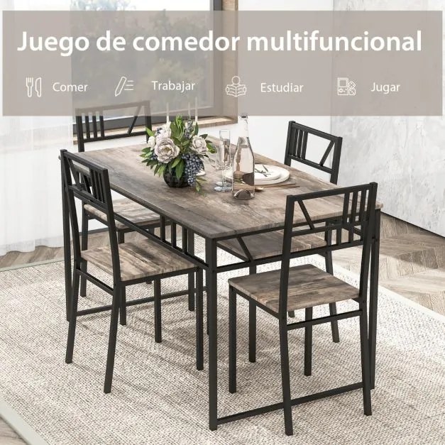 Conjunto de mesa de jantar retangular 110 cm x 70 cm x 76 cm e 4 cadeiras com estrutura metálica estilo industrial cinzento