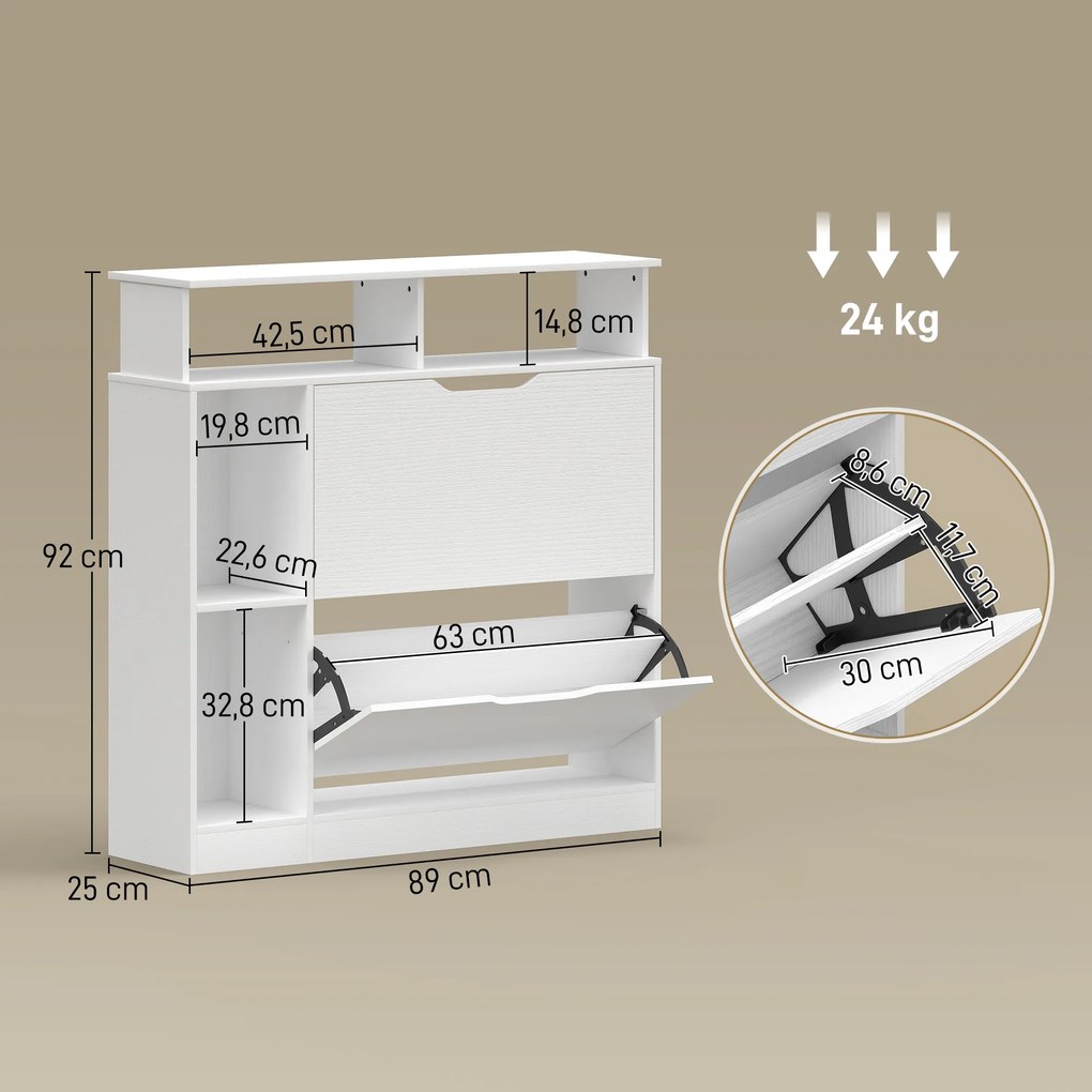 Sapateira 89 (L) x 25 (P) x 92 (A) cm, 2 gavetas rebatíveis, compartimentos abertos e prateleira ajustável, branca