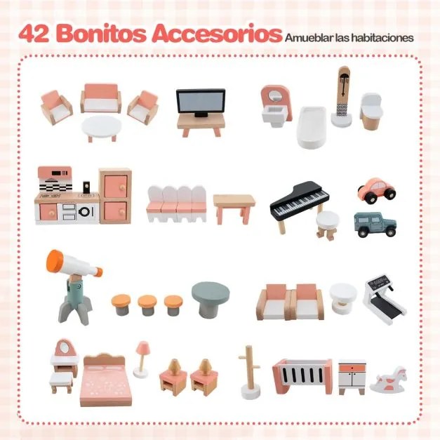 Casa de bonecas de madeira com telhado 82,5 x 107 x 94,5 cm, 41 móveis e acessórios Casa dos sonhos DIY com 3 andares e 6 quartos Laranja