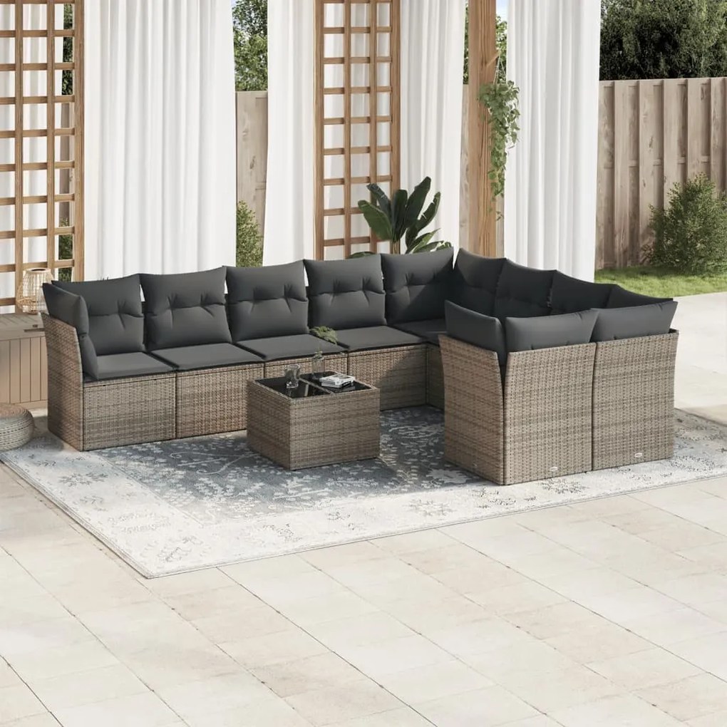 10 pcs conjunto sofás de jardim c/ almofadões vime PE cinzento