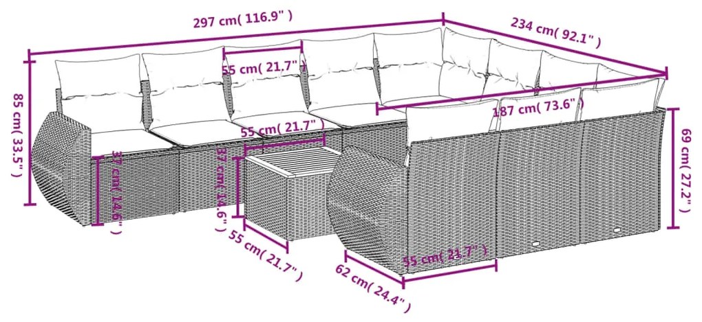 11 pcs conjunto sofás de jardim c/ almofadões vime PE bege