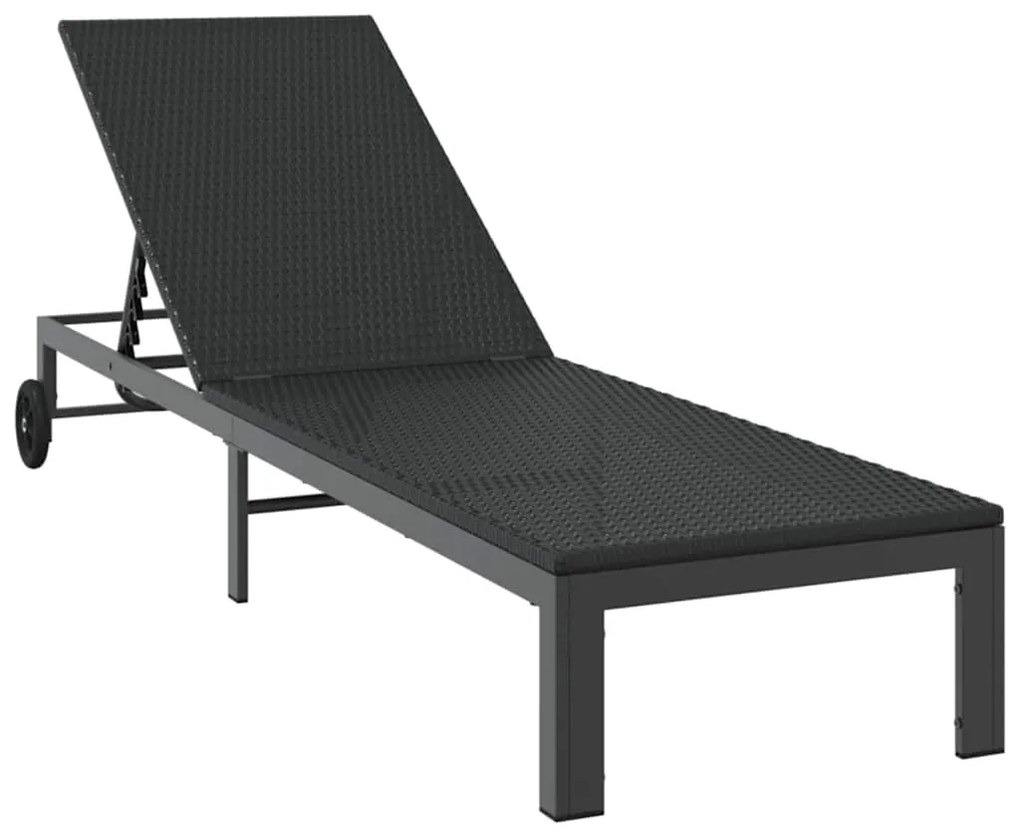 Espreguiçadeiras 2 pcs com Rodas e Mesa em Rattan Preto