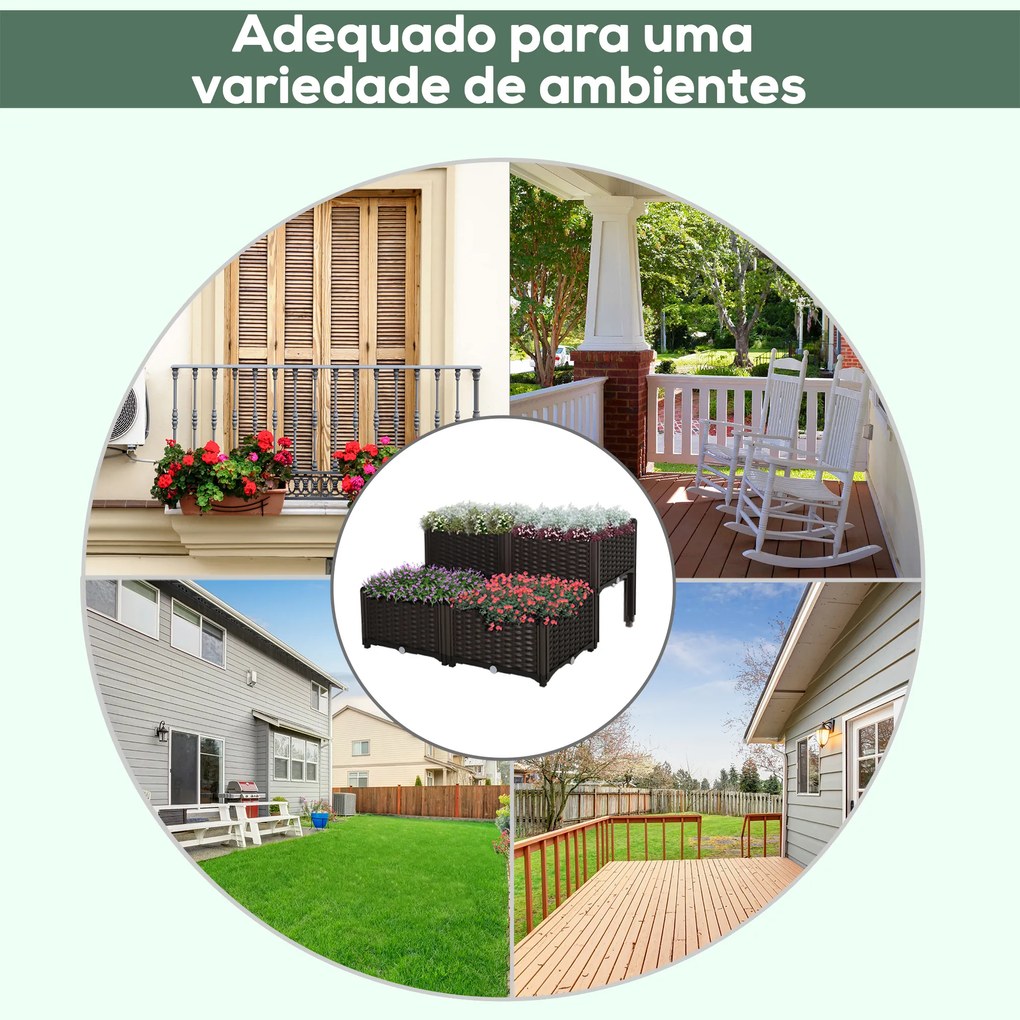 Conjunto de 4 Floreiras Quadradas Floreiras para Flores e Vegetais com Orifícios de Drenagem e Pés Altos 80x40x26-44 cm Castanho