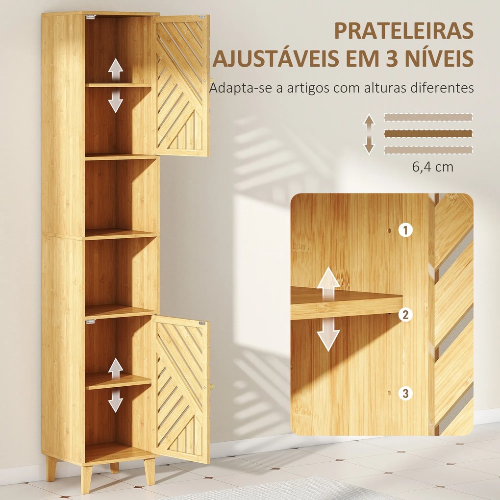 Coluna de Casa de Banho Estreita Armário de Casa de Banho Alto com Portas e Pés de Bambu 32x30x170 cm Madeira