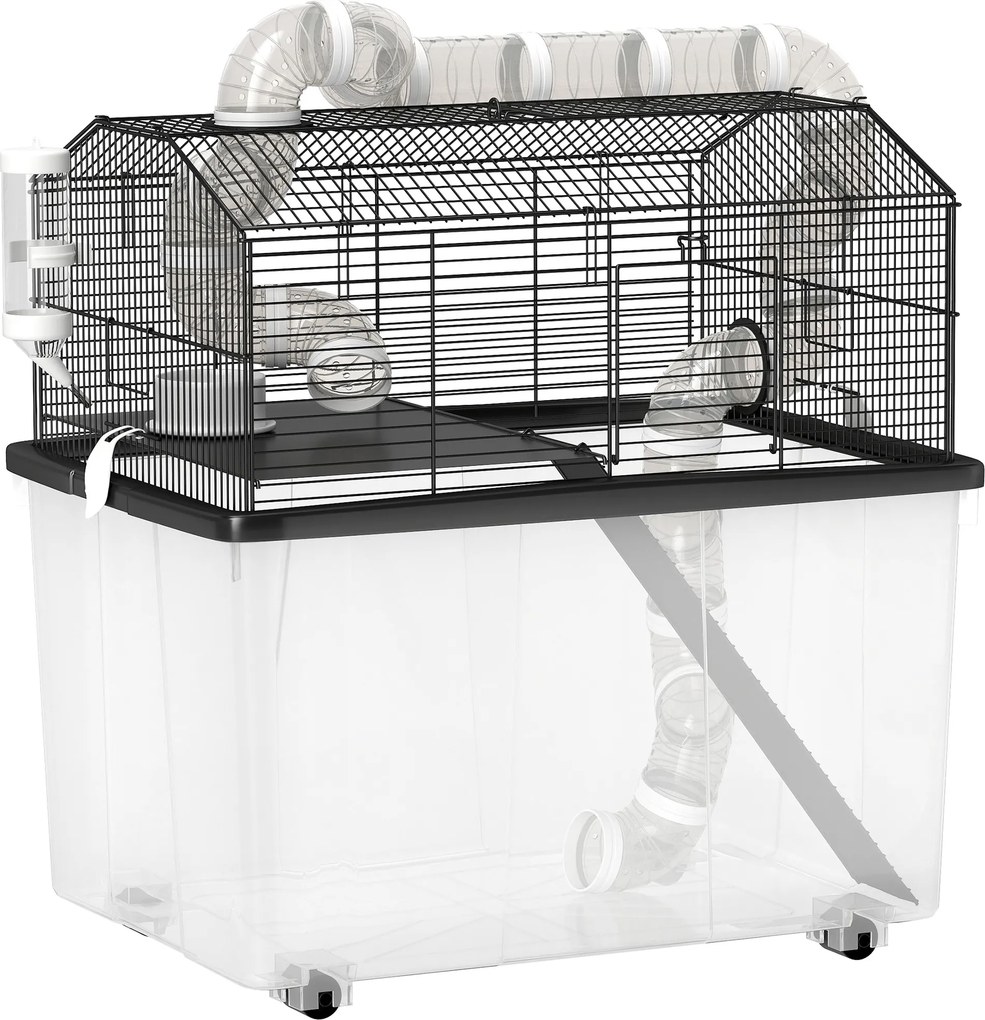 PawHut Gaiola para Hamsters e Roedores com Tubos Rampa e Acessórios 58x43x57 cm Preto | Aosom Portugal