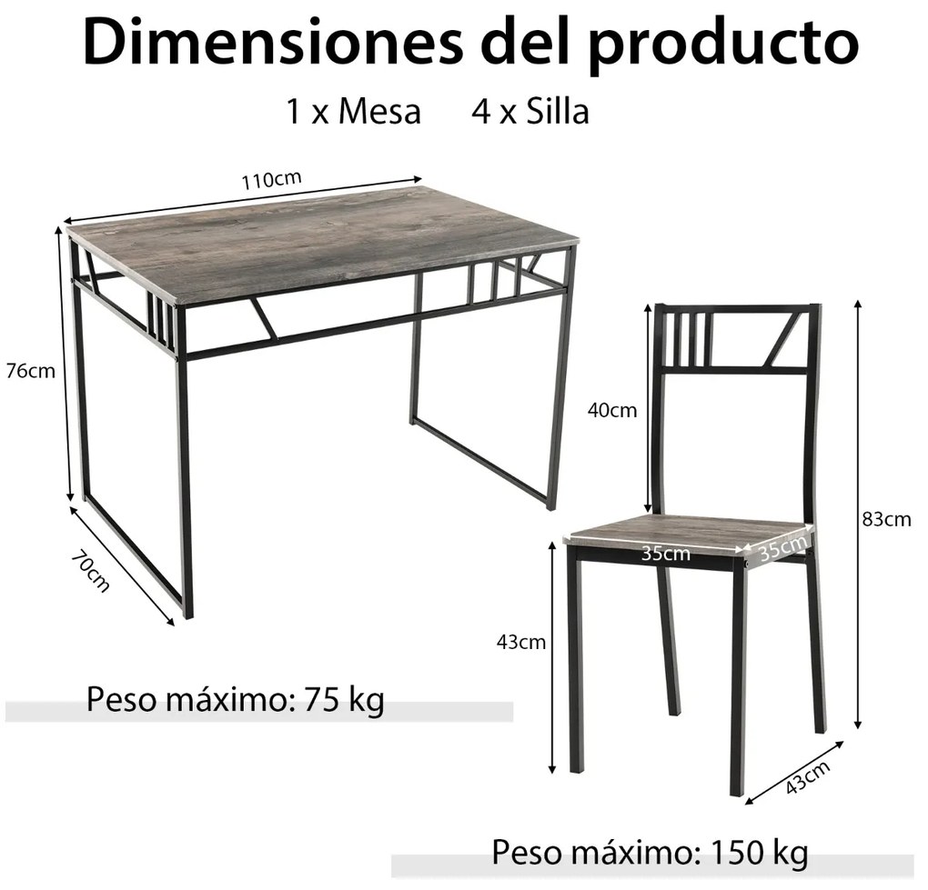 Conjunto de mesa de jantar retangular 110 cm x 70 cm x 76 cm e 4 cadeiras com estrutura metálica estilo industrial cinzento