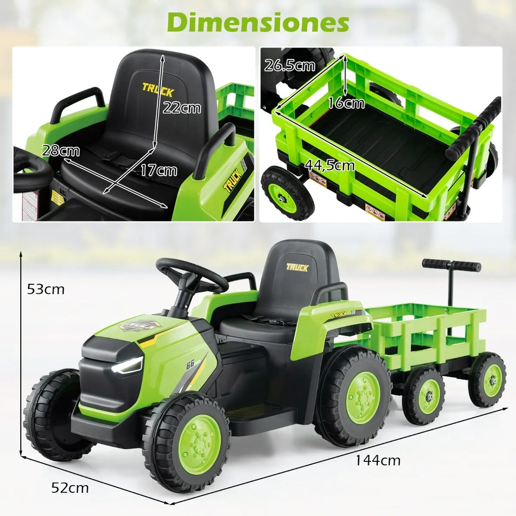 Trator Elétrico para crianças de 12V com Reboque Desmontável Comando à Distância Faróis LED Buzina Música Arranque Verde