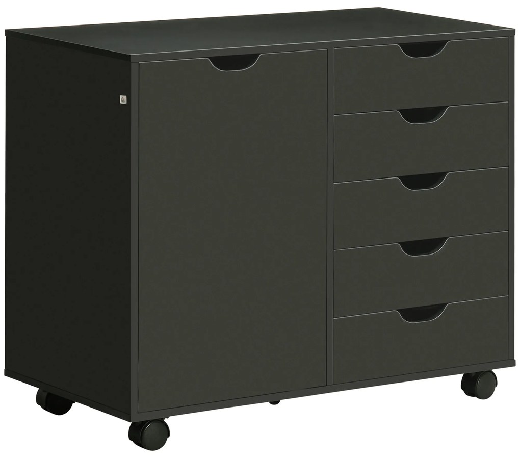 HOMCOM Móvel de Arrumação para Escritório com 5 Gavetas 1 Armário com Prateleira Ajustável Suporte para Impressora com Rodas 78x40x66,5 cm Preto | Aosom Portugal