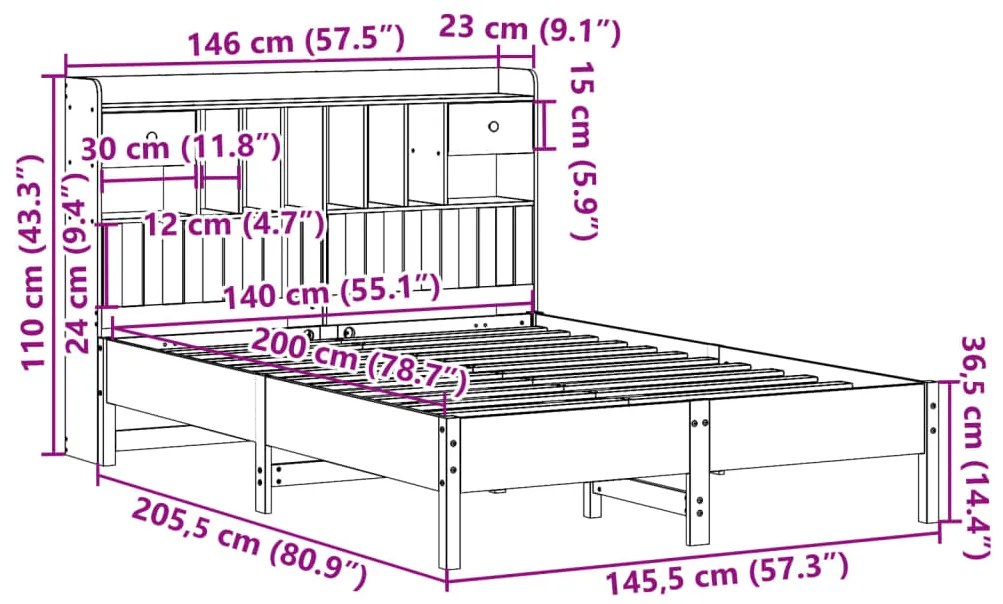 Cama com estante sem colchão 140x200 cm pinho maciço