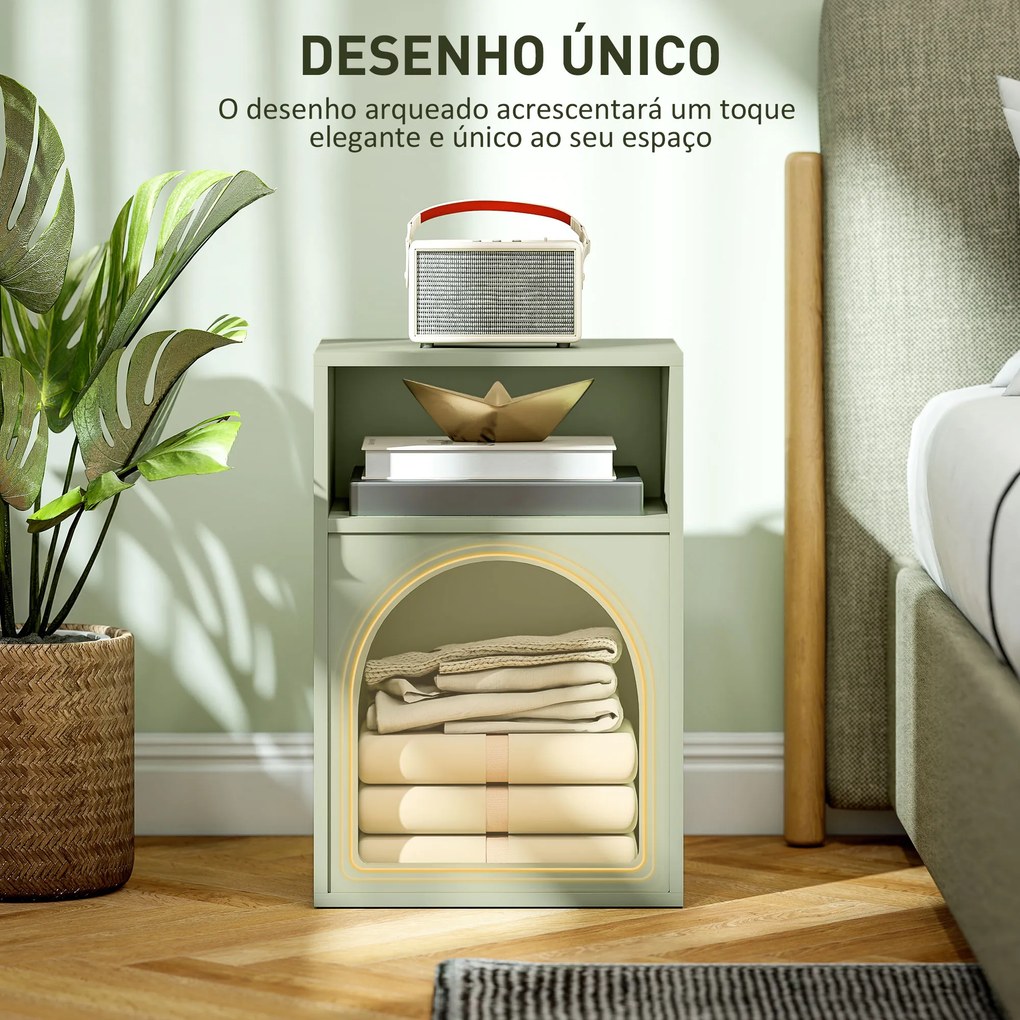 Mesa de Cabeceira Moderna Mesa de Cabeceira Estreita com 2 Compartimentos Abertos Desenho em Forma de Arco 40x30x60 cm Verde