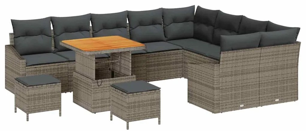 vidaXL Conjunto de Sofás de Jardim de 12 Peças com Almofadas Cinzas em Rattan Sintético e Acácia