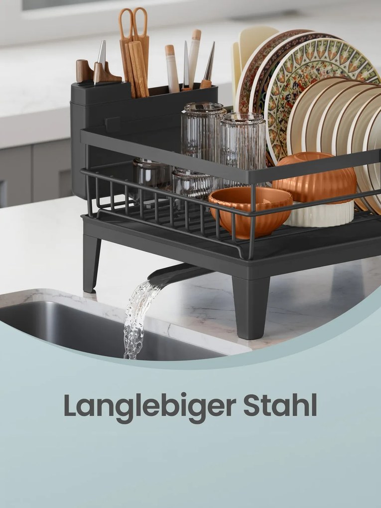 Escorredor de pratos com tabuleiro 31 x 42 x 18,5 cm, escoamento giratório, suporte para talheres preto