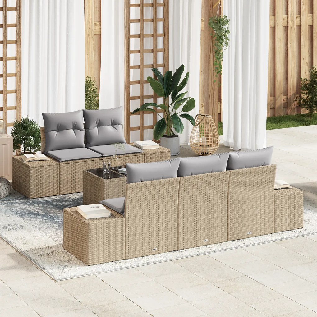 Conjunto de Sofás de Jardim de 6 Peças com Almofadas Polirattan Bege
