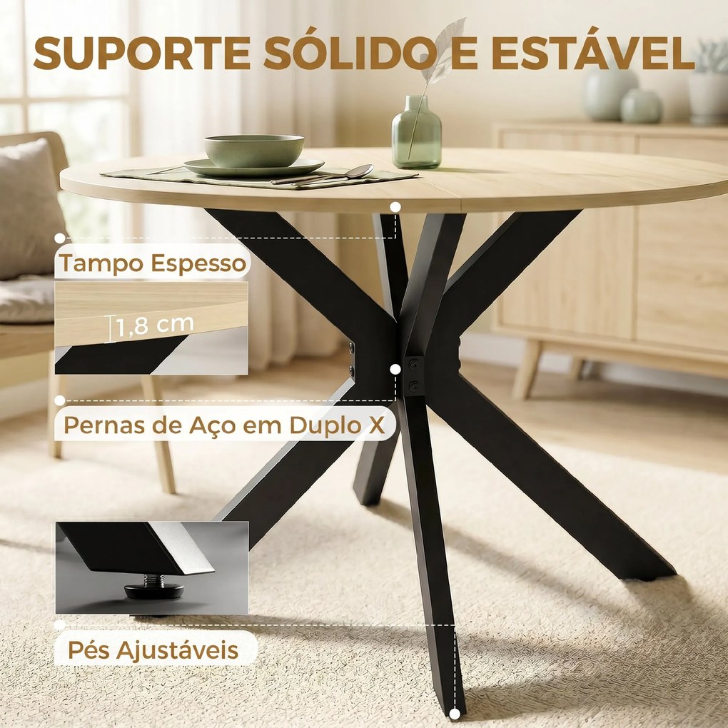 Mesa de Cozinha Redonda Dobrável para 2-6 Pessoas com Aba Rebatível Estrutura de Aço em X Duplo Ø110x76 cm Madeira