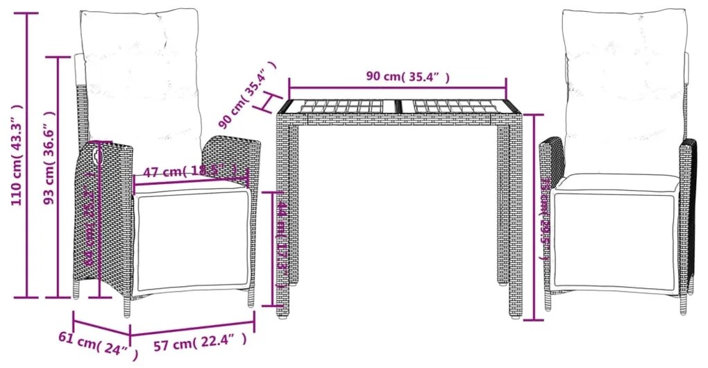 3 pcs conjunto de jantar p/ jardim c/ almofadões vime PE cinza