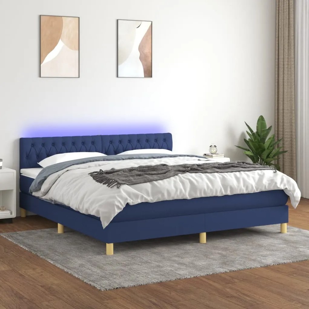 Cama box spring c/ colchão e LED 180x200 cm tecido azul