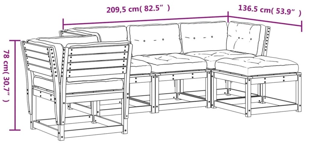 5pcs conj. lounge jardim + almofadões pinho maciço castanho-mel