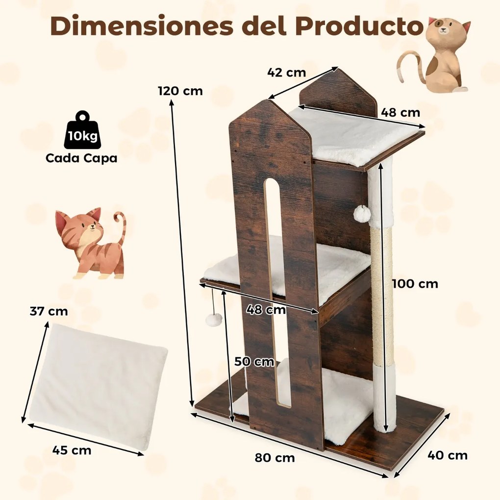 Arranhador para gatos 80 x 40 x 120 cm de interior Torre de madeira com poste de sisal para arranhar Bolas suspensas Almofadas de pelúcia laváveis Cas
