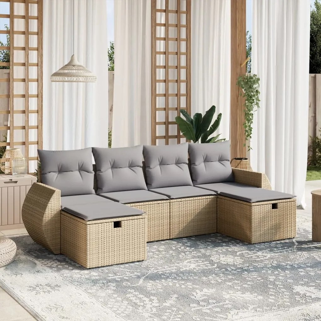 6 pcs conj. sofás jardim c/ almofadões vime PE bege misturado