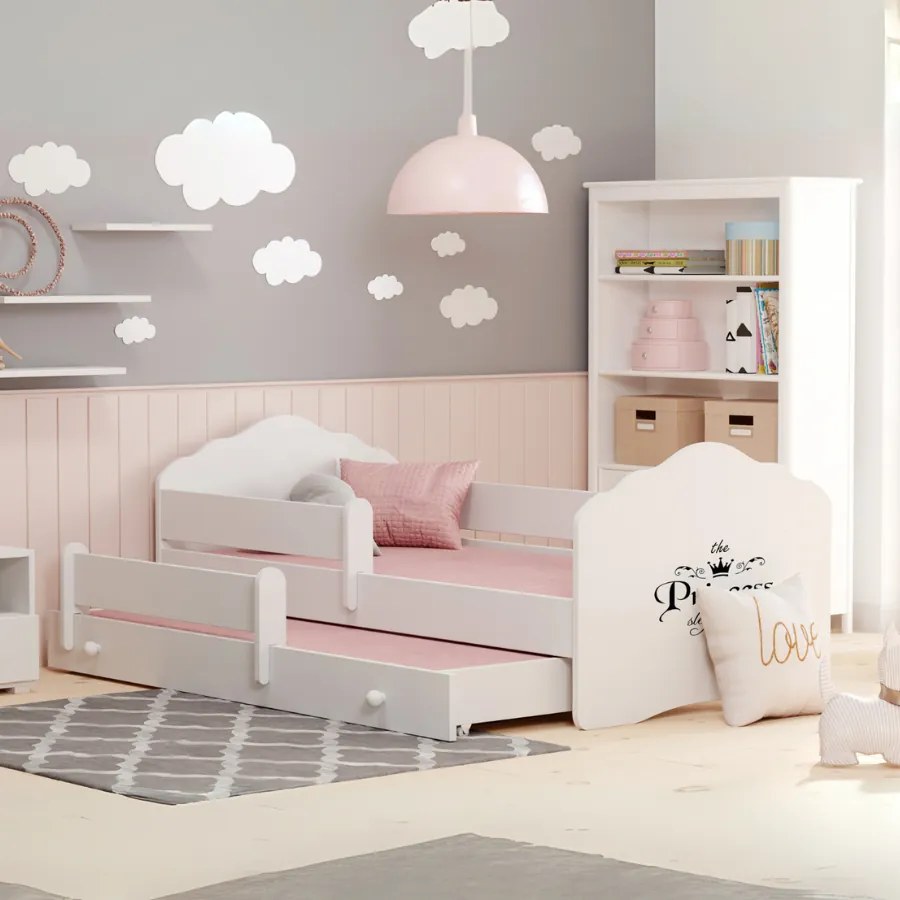 Cama infantil dupla branca Wave 160x80 - ilustração princesa - colchão e estrado incluído