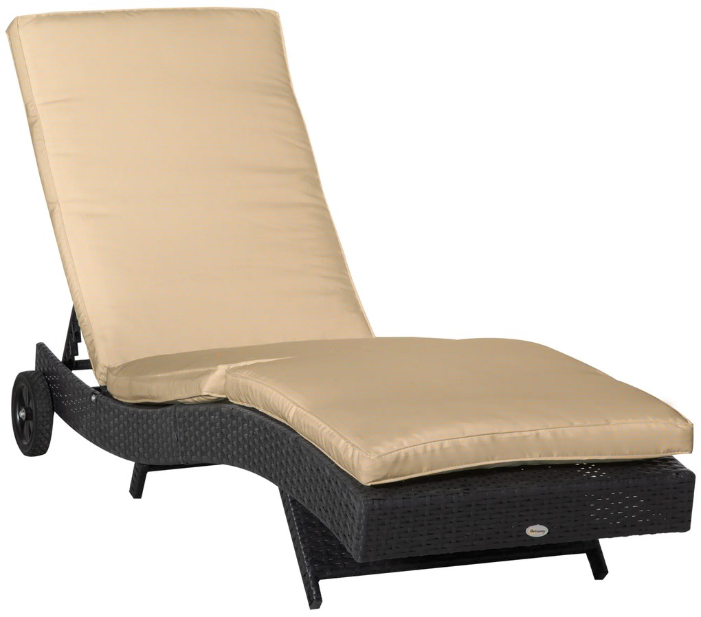 Outsunny Espreguiçadeira de Vime Reclinável Espreguiçadeira de Jardim com 2 Rodas Encosto Ajustável em 5 Posições 207x70x70 cm Preto | Aosom Portugal