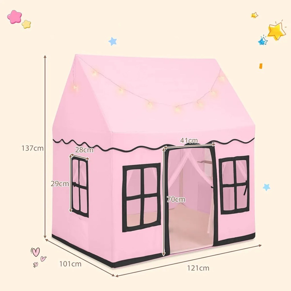 Tenda de brincar para crianças 134 x 118 x 100,5 cm com luzes LED em forma de estrela e tapete antiderrapante com 2 janelas para maiores de 3 anos Ros