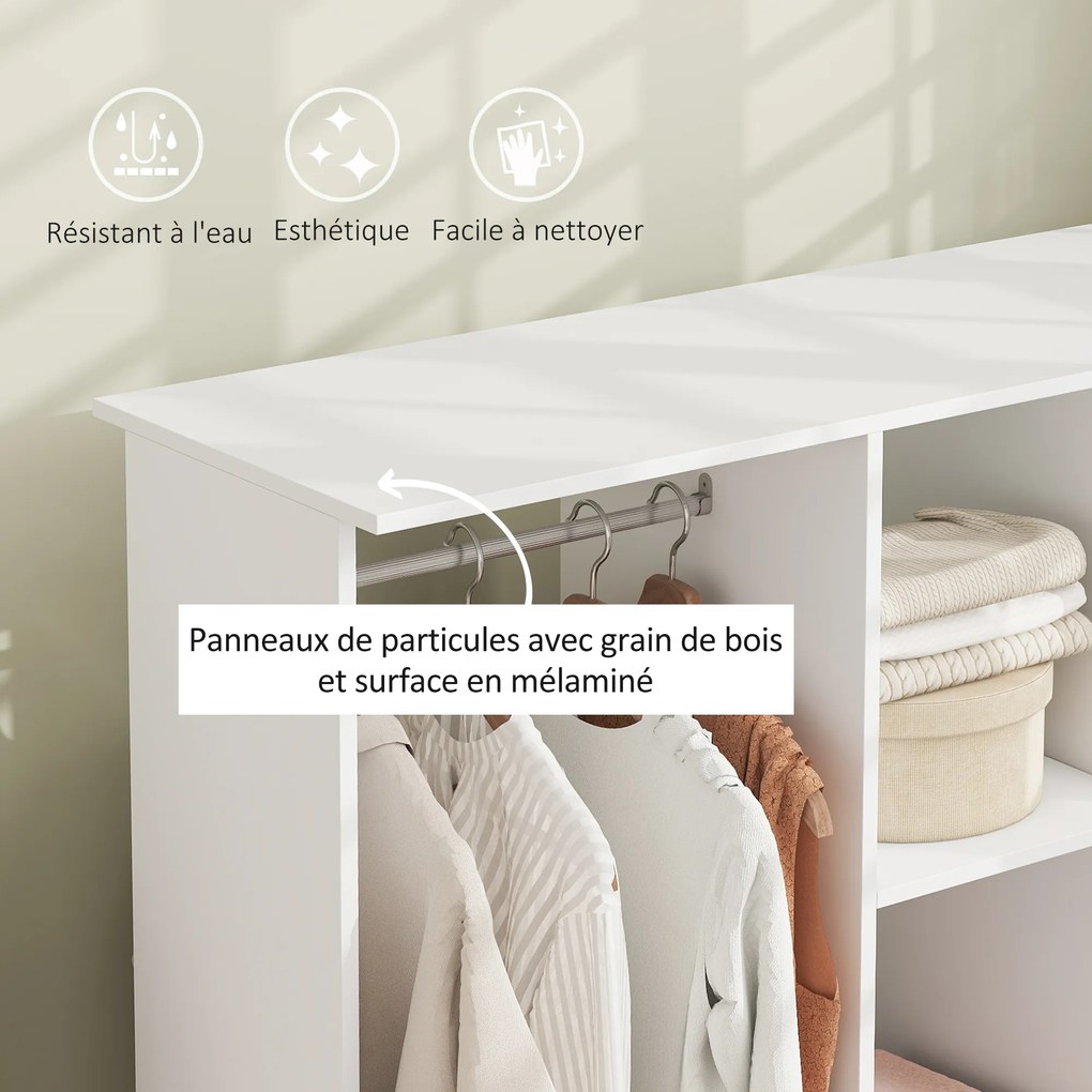 Guarda roupa aberto com varões, móvel de arrumação com rodas, 6 rodas, 120 x 40 x 128 cm, branco