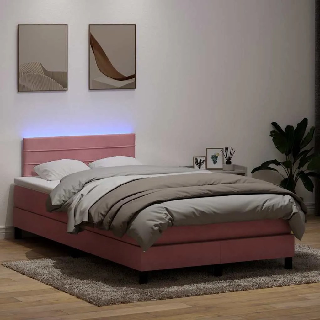 vidaXL Cama box spring c/ colchão e LED 120x220 cm veludo rosa