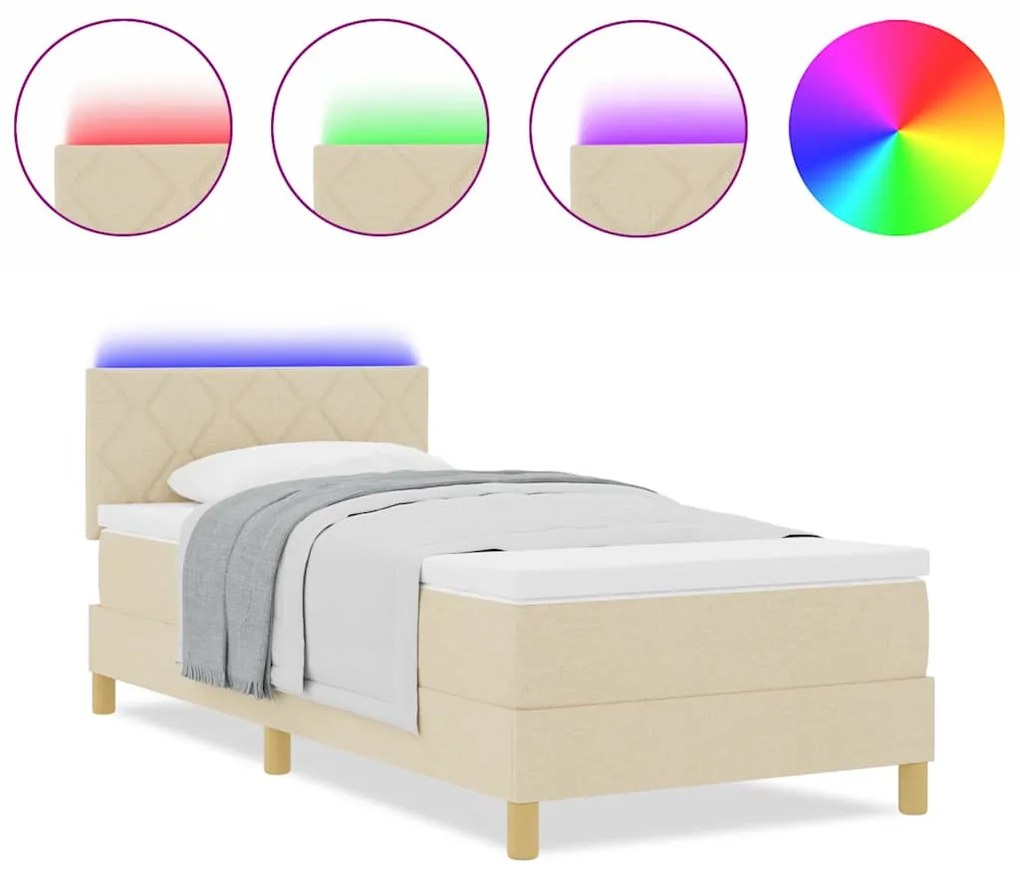 Cama Box com Colchão &amp; LED Creme 100x200 cm Tecido