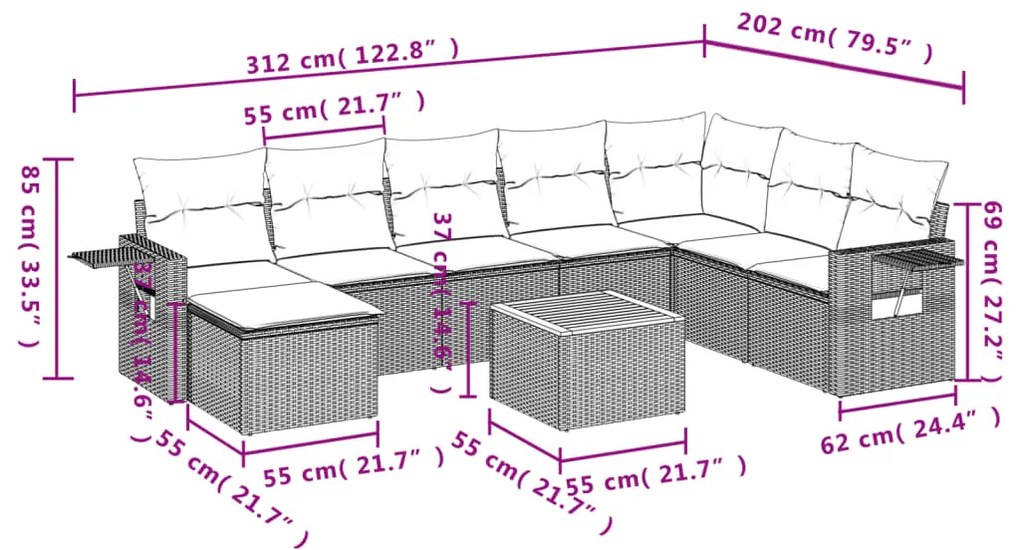 9 pcs conjunto de sofás p/ jardim c/ almofadões vime PE preto