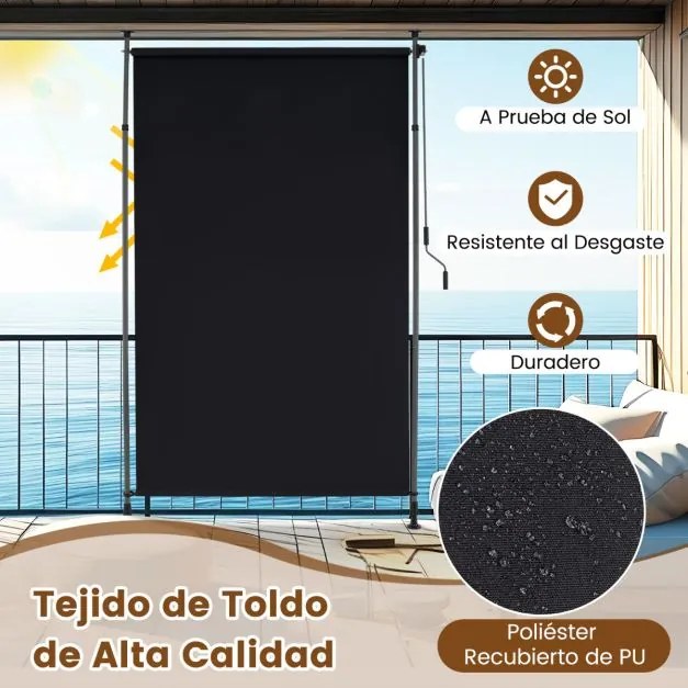 Toldo retrátil vertical 150 x 220-310 cm enrolável para exterior com altura ajustável com manivela para varanda ou piscina Preto
