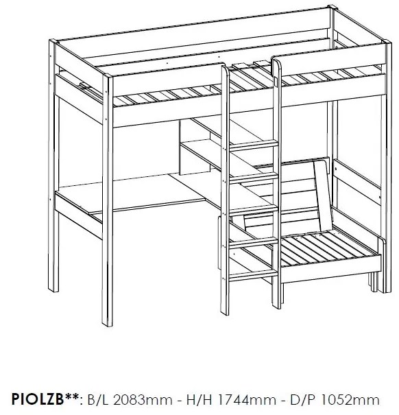 Cama alta de Criança PINO 90 x 200 cm + estrado + escada + secretária + 3 prateleiras + sofá-cama Cinzenta