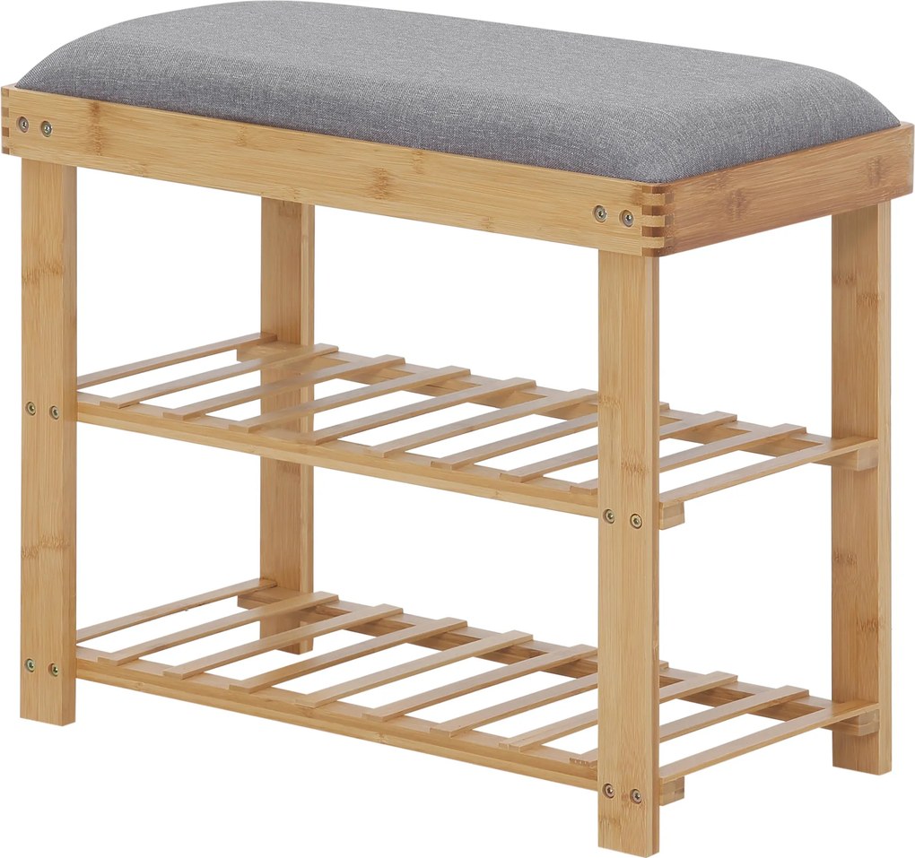 Banco para sapatos 60 x 29 x 50 cm com 2 prateleiras e almofada cinzenta integrada em bambu
