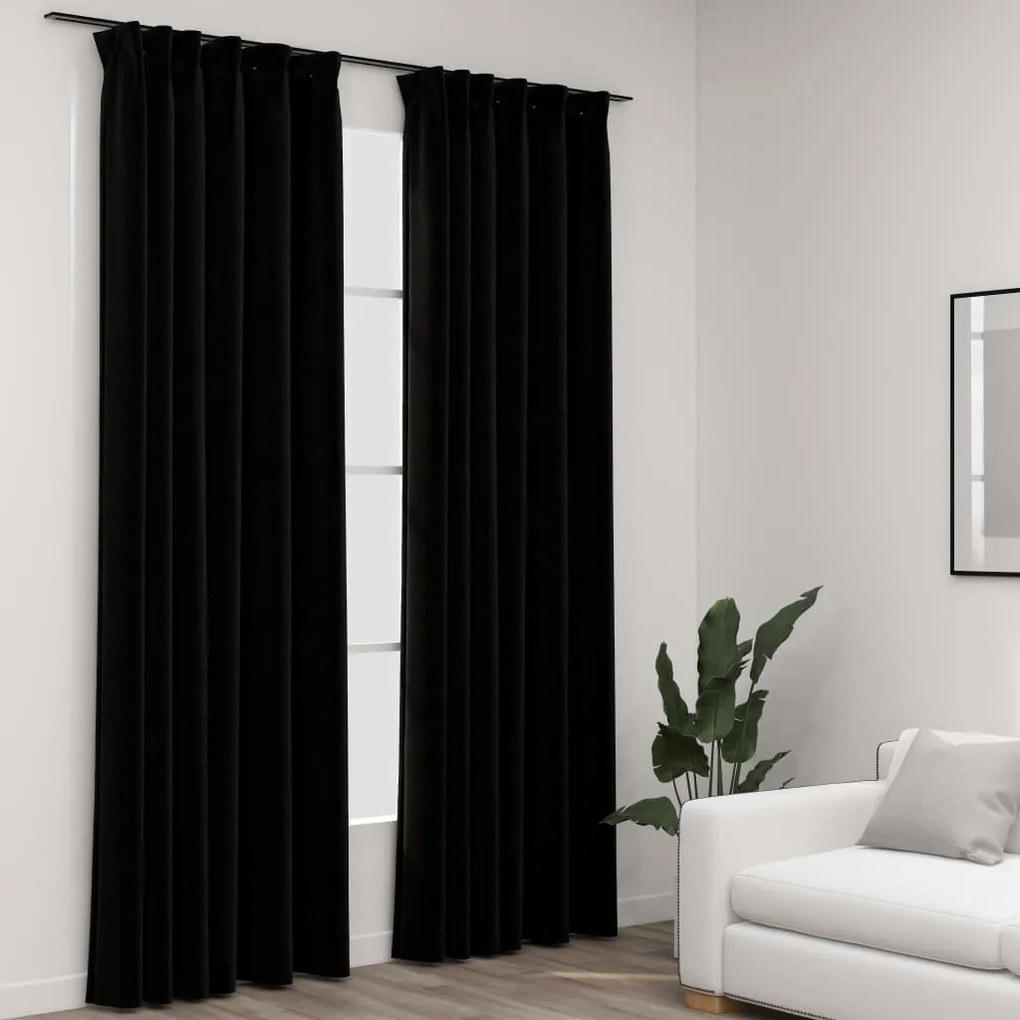 321158 vidaXL Cortinas opacas aspeto linho com ganchos 2 pcs 140x245 cm preto