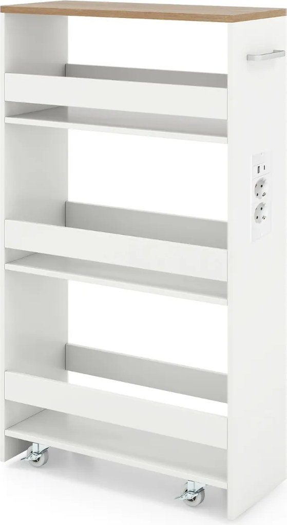 Carrinho cozinha 47,5 x 20 x 80,5 cm estreito de 20 cm com estação de carregamento de 4 níveis branco + natural