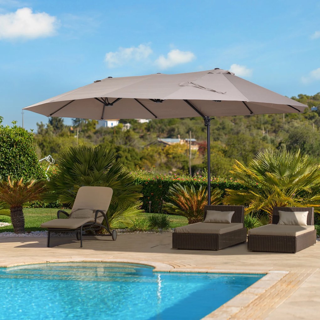 Guarda-sol deslocado de grandes dimensões XXL, inclinável, com base em cruz, dim. 4,45 x 2,7 x 2,6 m, base em aço incluída, poliéster castanho