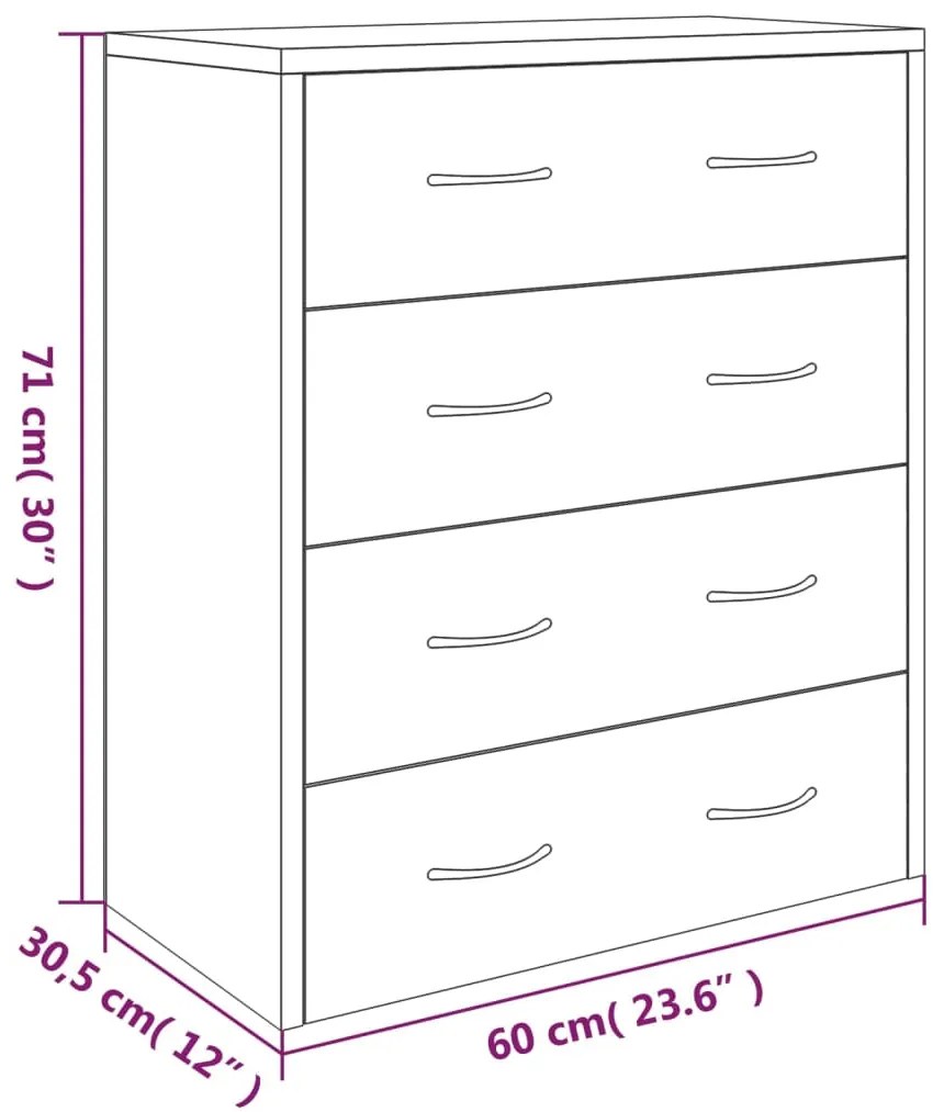 Aparador com 4 gavetas 60x30,5x71 cm cinzento sonoma