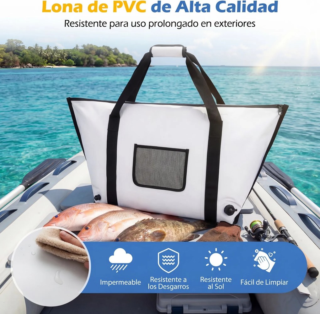 Saco térmico impermeável para peixe com fecho de correr, alça e válvula de drenagem; mantém o gelo durante 24 horas; geleira portátil em PVC, 98 cm Br