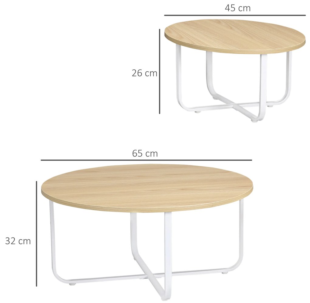 Conjunto de 2 Mesas de Centro Ø65x32cm e Ø45x26cm Mesas de Sala de Estar Redondas com Bancada de Madeira e Pés de Metal para Dormitório Madeira e Bran