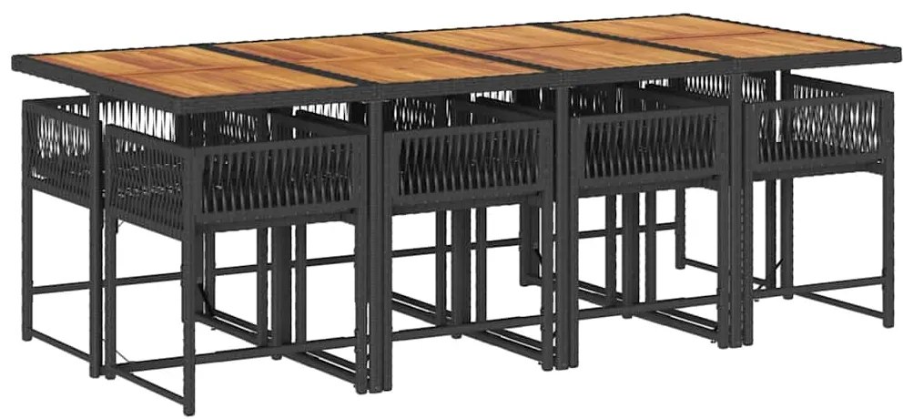 9 pcs conjunto de jantar p/ jardim c/ almofadões vime PE preto