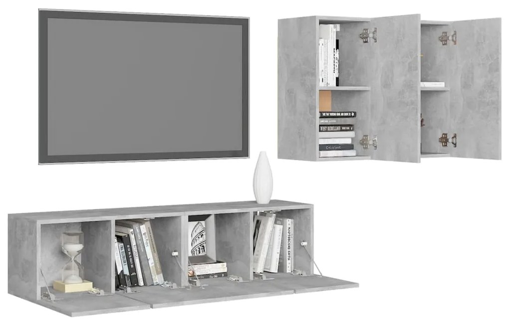 4 pcs conjunto de móveis de TV contraplacado cinzento cimento
