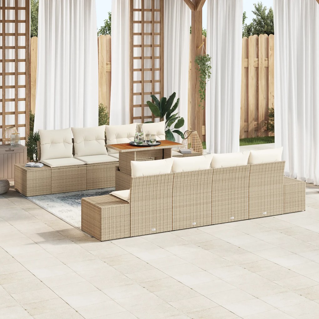 Conjunto de Sofá para Jardim de 7 Peças com Almofadas Bege Vime PE