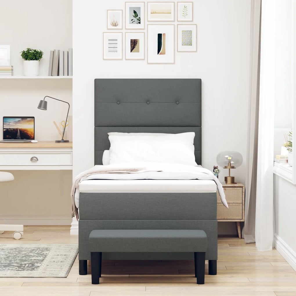 Cama Box Spring com Colchão e Banco Cinza Escuro 90x190 cm Tecido