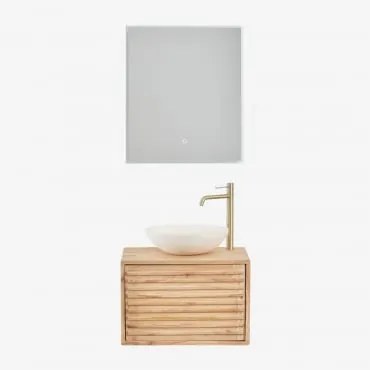 Conjunto De Móveis De Banheiro De Madeira Suspensos Deleyna Madeira Natural & Cimento Redondo Branco Ø40 Cm Zavion & Led - Sklum