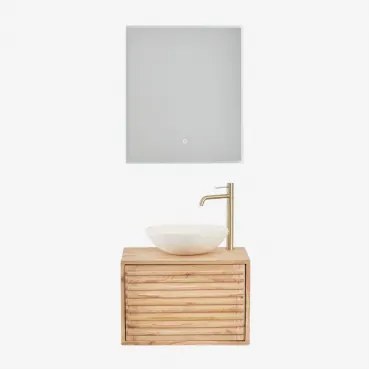 Conjunto De Móvel De Casa De Banho Suspenso 60x45 Cm Em Madeira Deleyna Madeira Natural & Cimento Redondo Branco Ø40 Cm Zavion & Led - Sklum
