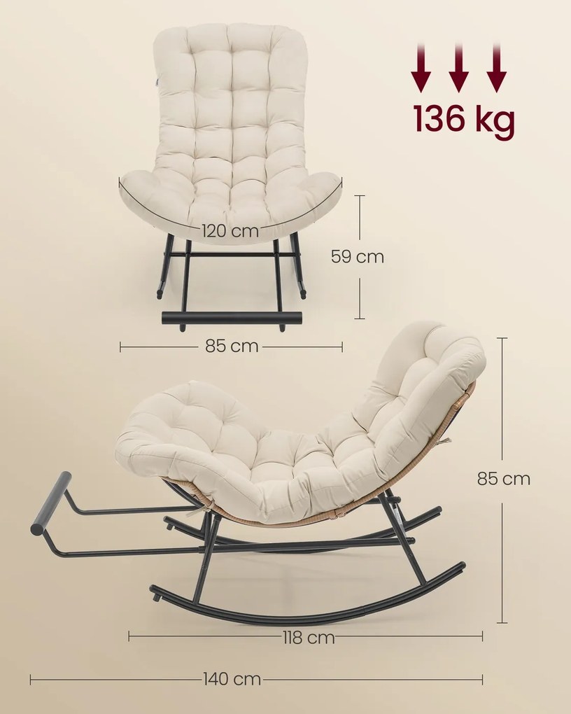 Cadeira de baloiço com almofada removível, 118 x 85 x 85 cm, bege
