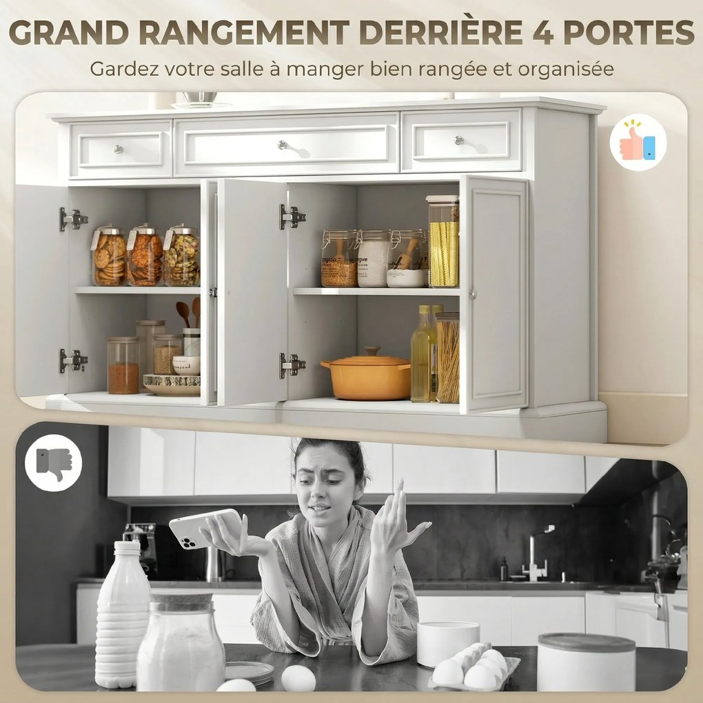 Aparador de sala 136 L x 38 P x 80 A cm, móvel de arrumação com 3 gavetas, 4 portas com fecho suave e prateleiras ajustáveis, branco