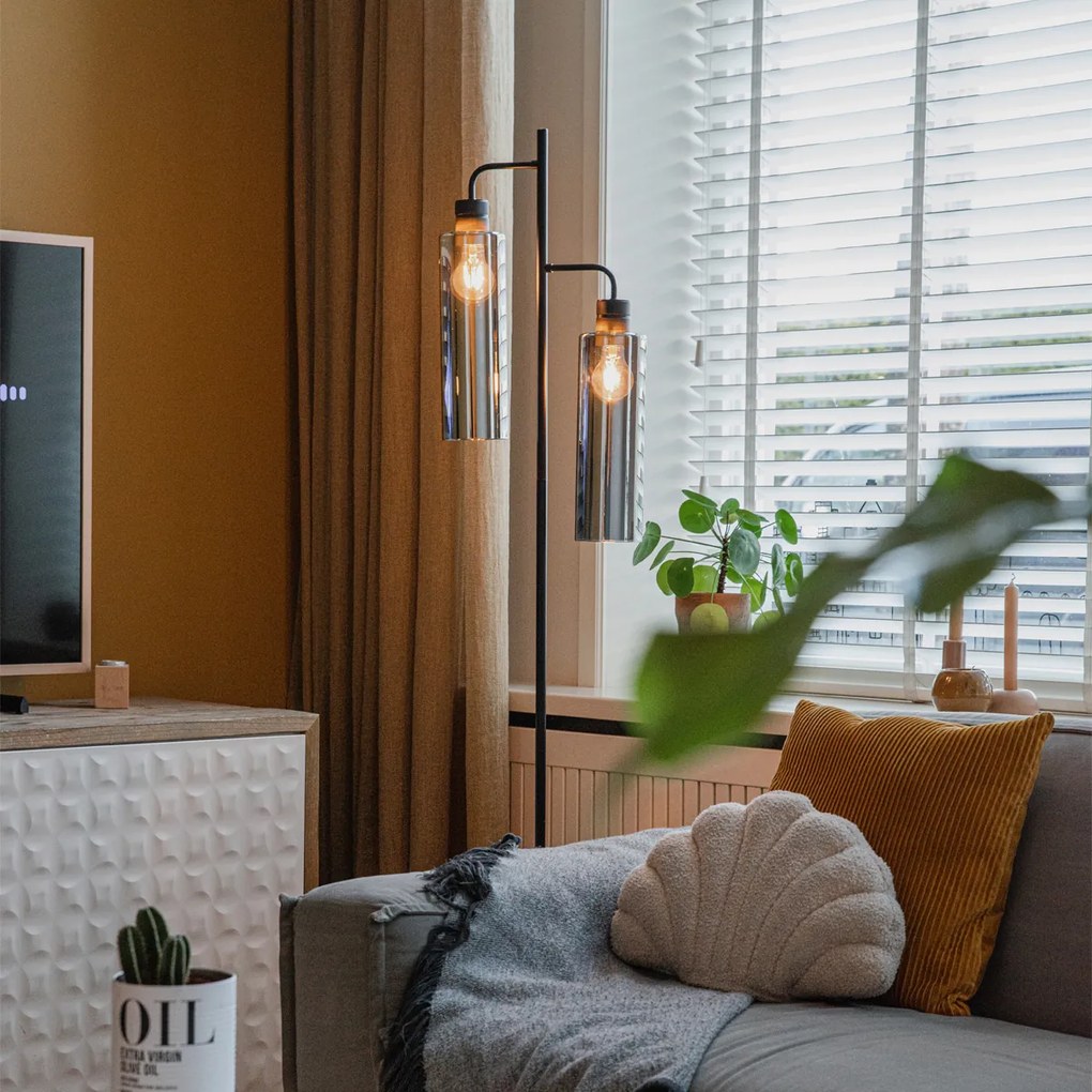 Candeeiro de pé moderno preto com vidro fumê 2 luzes - Stavelot