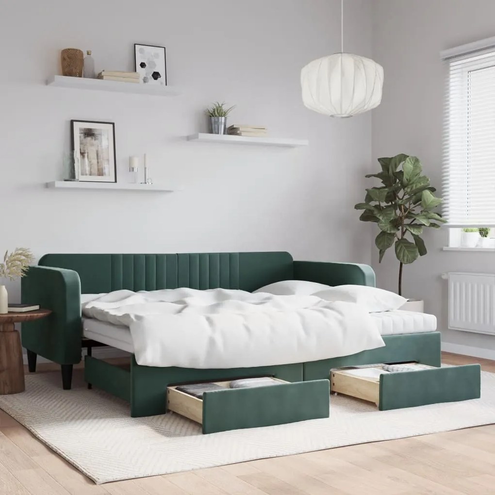 vidaXL Sofá-cama c/ gavetão e gavetas 90x200 cm veludo verde-escuro
