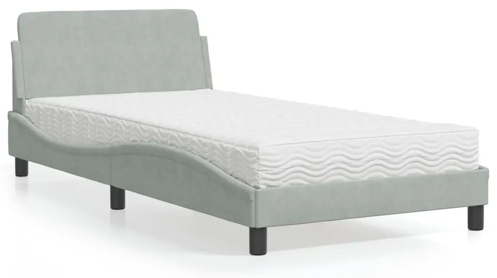 vidaXL Cama com colchão 100x200 cm veludo cinzento-claro